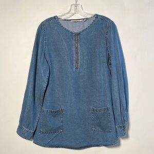 SOFT SURROUNDINGS Cottage Minimalist 1/2 Zip Long SLV Scoop Denim Chambray Top M